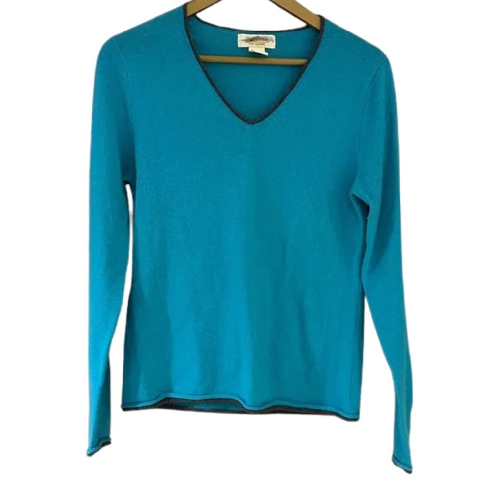 Peck & Peck Teal Cashmere Sweater V-Neck Contrast Trim